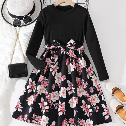 vlovelaw  Girls Long Sleeves Round Neck Flowers Splicing Belted Dress For Party Kids Spring Clothes