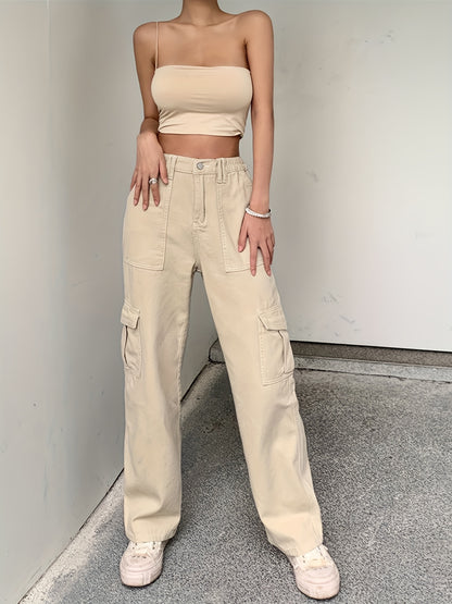 Loose Fit High Waist Cargo Pants, Wide Legs High Rise Flap Pockets Non-Stretch Straight Legs Denim Pants, Y2K Kpop Vintage Style, Women's Denim Jeans & Clothing