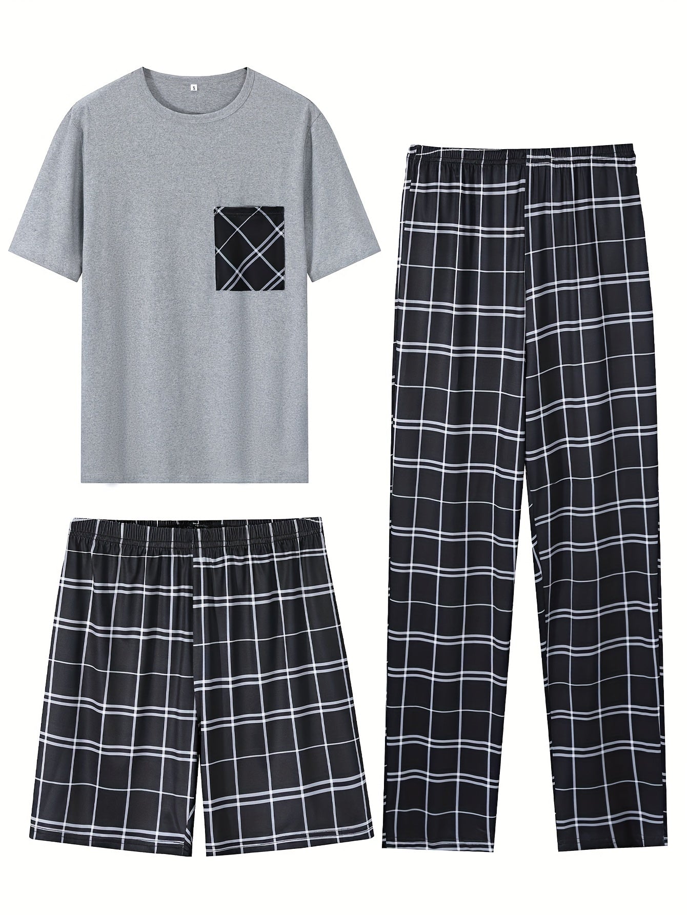 3-Piece Men's Comfort Loungewear Set - Trendy Short Sleeve Crew Neck T-Shirt, Plaid Stretchy Shorts & Pants - Relaxed Elastic Waistband - Casual Home Wear