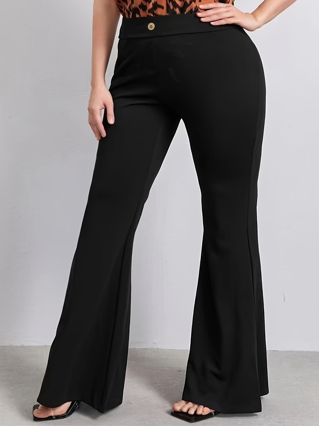 vlovelaw Plus Size Solid Flare Leg Pants, Casual High Waist Pants, Women's Plus Size Clothing