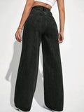 vlovelaw  Plain Loose Fit Baggy Jeans, Slant Pockets Non-Stretch Casual Wide Legs Jeans, Women's Denim Jeans & Clothing