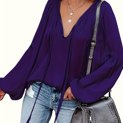 Solid Tie Neck Pleated Blouse, Casual Long Sleeve Blouse For Spring & Fall, Women's Clothing