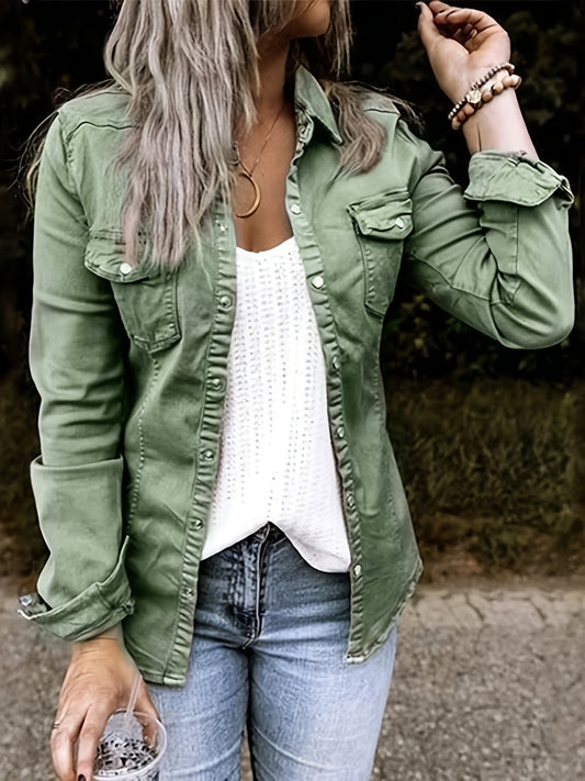 Long Sleeves Lapel Denim Shirts, Flap Pockets Single-Breasted Button Solid Color Denim Jackets, Women's Denim Clothing