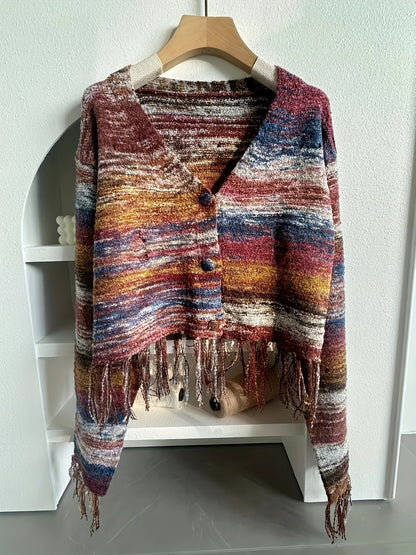 vlovelaw Tie Dye Button Down Knit Cardigan, Elegant Tassel Trim Long Sleeve Ripped Sweater, Women's Clothing