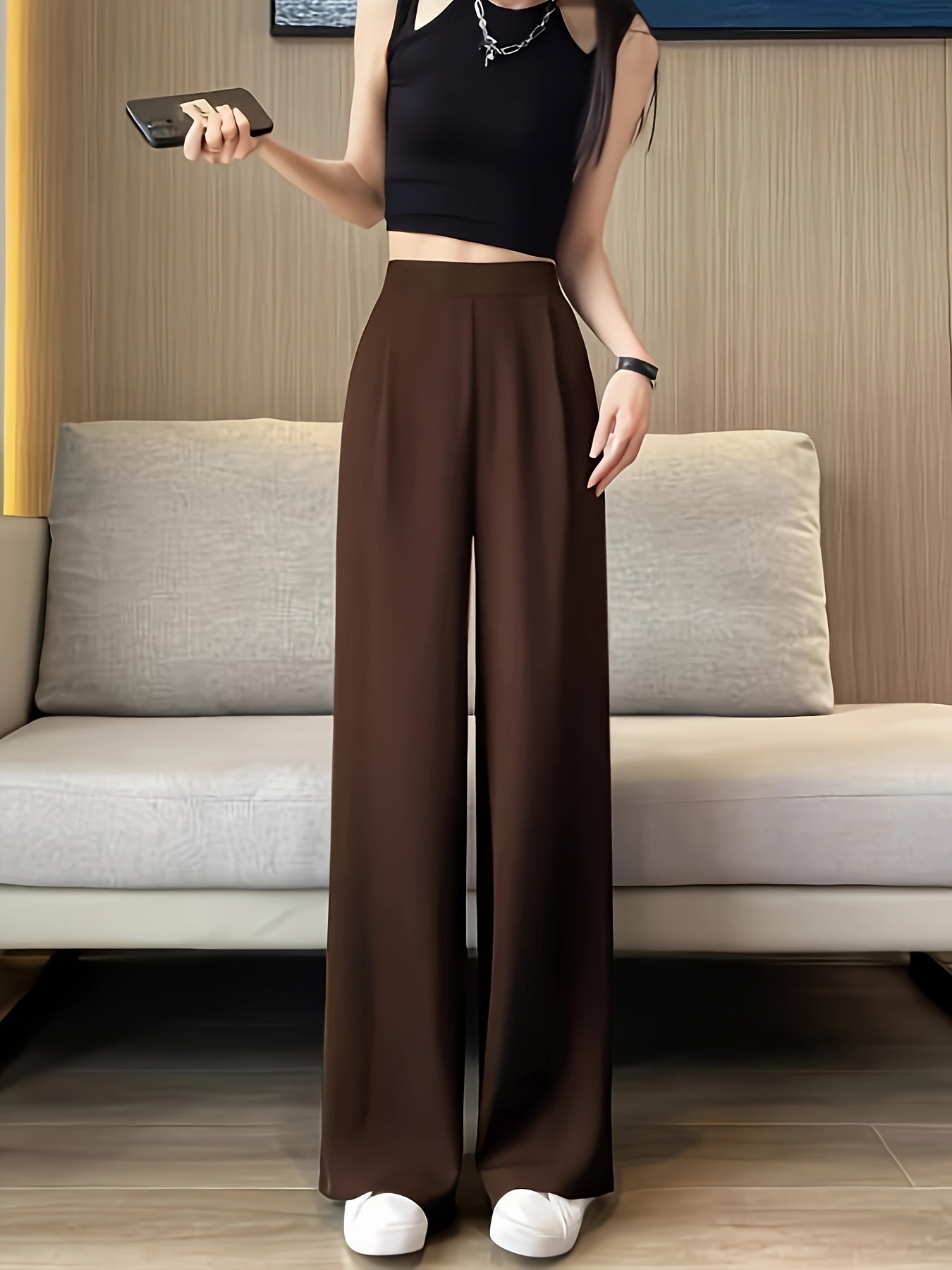 Solid High Waist Pants, Casual Straight Leg Pants, Women's Clothing