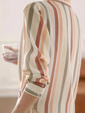 Plus Size Waterfall Collar Elegant Long Sleeve Striped Shirt - Soft Slight Stretch Fabric, Double Button Front, Placket Type, Perfect for Spring, Summer, and Fall - Oversized Womens Shirting for Comfortable Wear