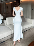Ruffle Trim Cold Shoulder Bodycon Dress, Elegant V Neck Split Hem Short Sleeve Dress, Women's Clothing