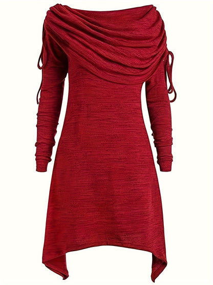 Solid Cowl Neck Dress, Elegant Long Sleeve Asymmetrical Dress, Women's Clothing