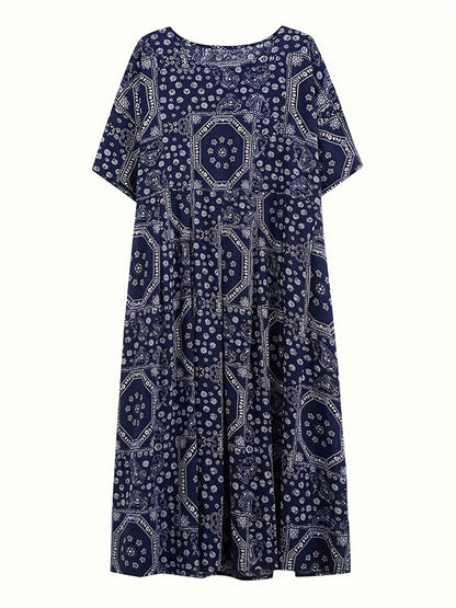 Plus Size Boho Dress, Women's Plus Paisley Print Short Sleeve Round Neck Loose Maxi Dress