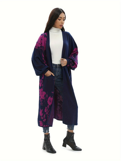 Floral Print Long Length Overcoat, Casual Open Front Long Sleeve Outerwear, Women's Clothing