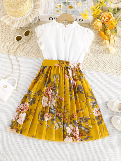 Summer Blooms Girls Dress - Lace Accented Pleated Floral Print with Belt for Holiday Wear