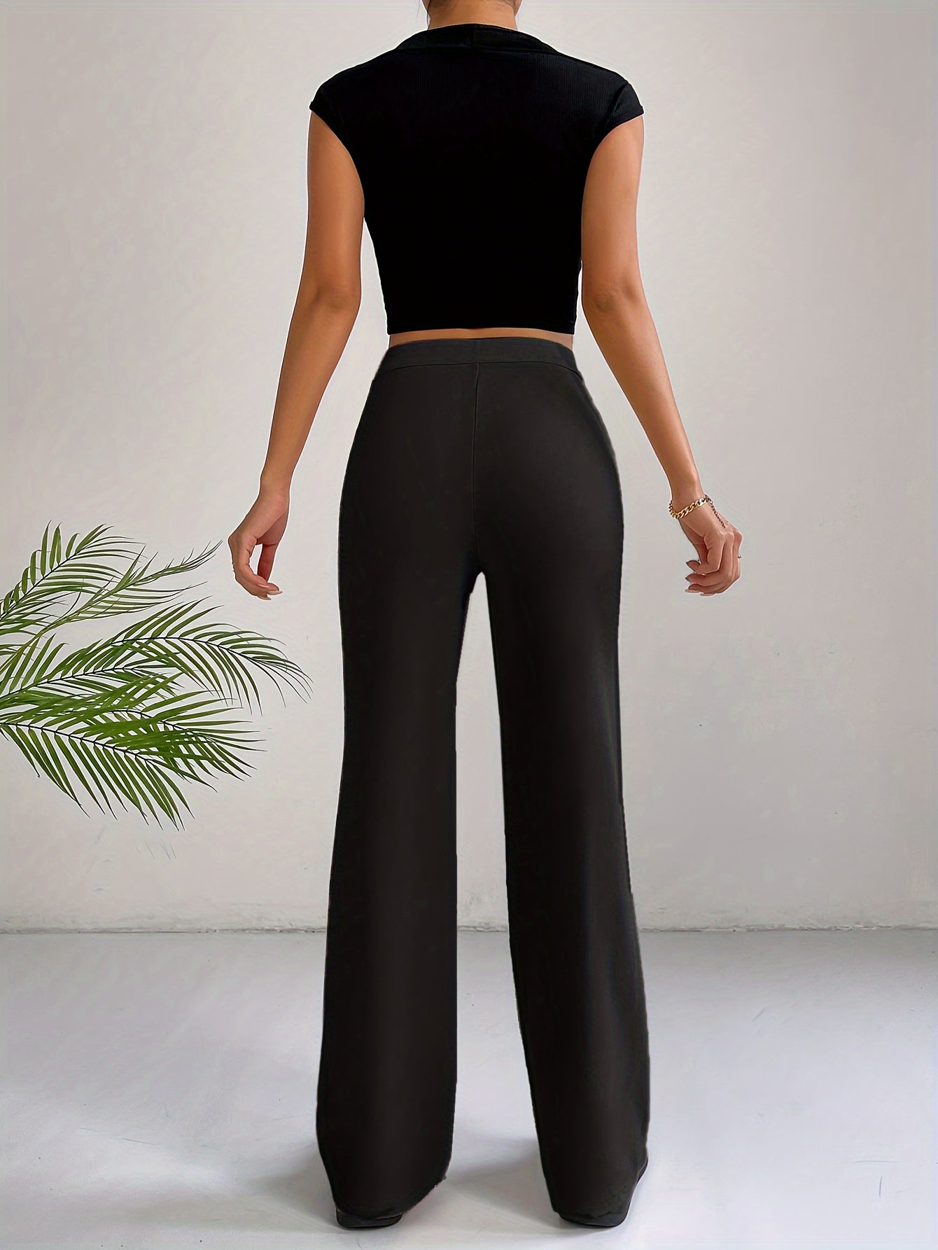 vlovelaw  Solid Pintuck Straight Leg Pants, Elegant High Waist Slim Pants, Women's Clothing