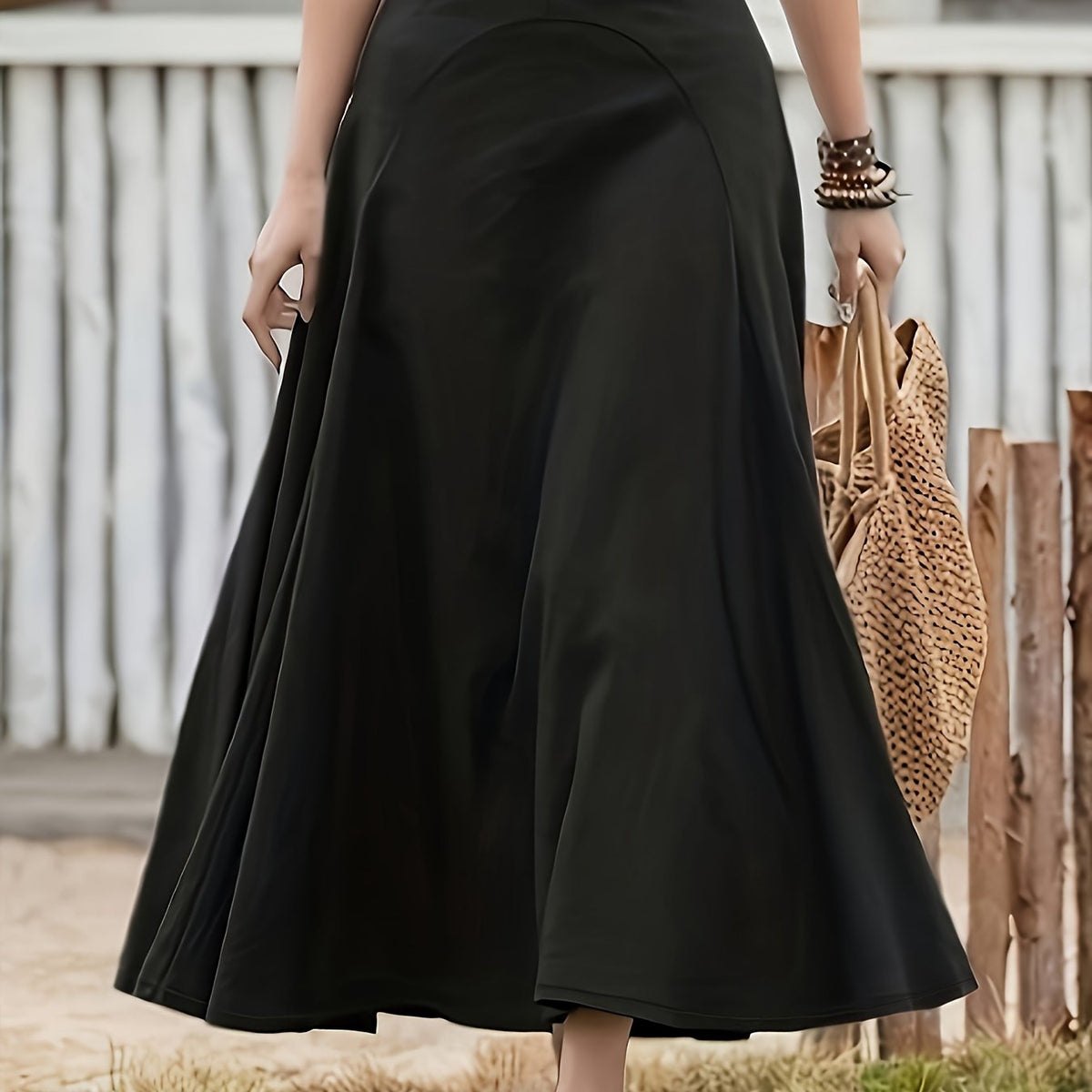 vlovelaw Plus Size Casual Skirt, Women's Plus Solid Stitching High Rise Swing Maxi Skirt Without Belt