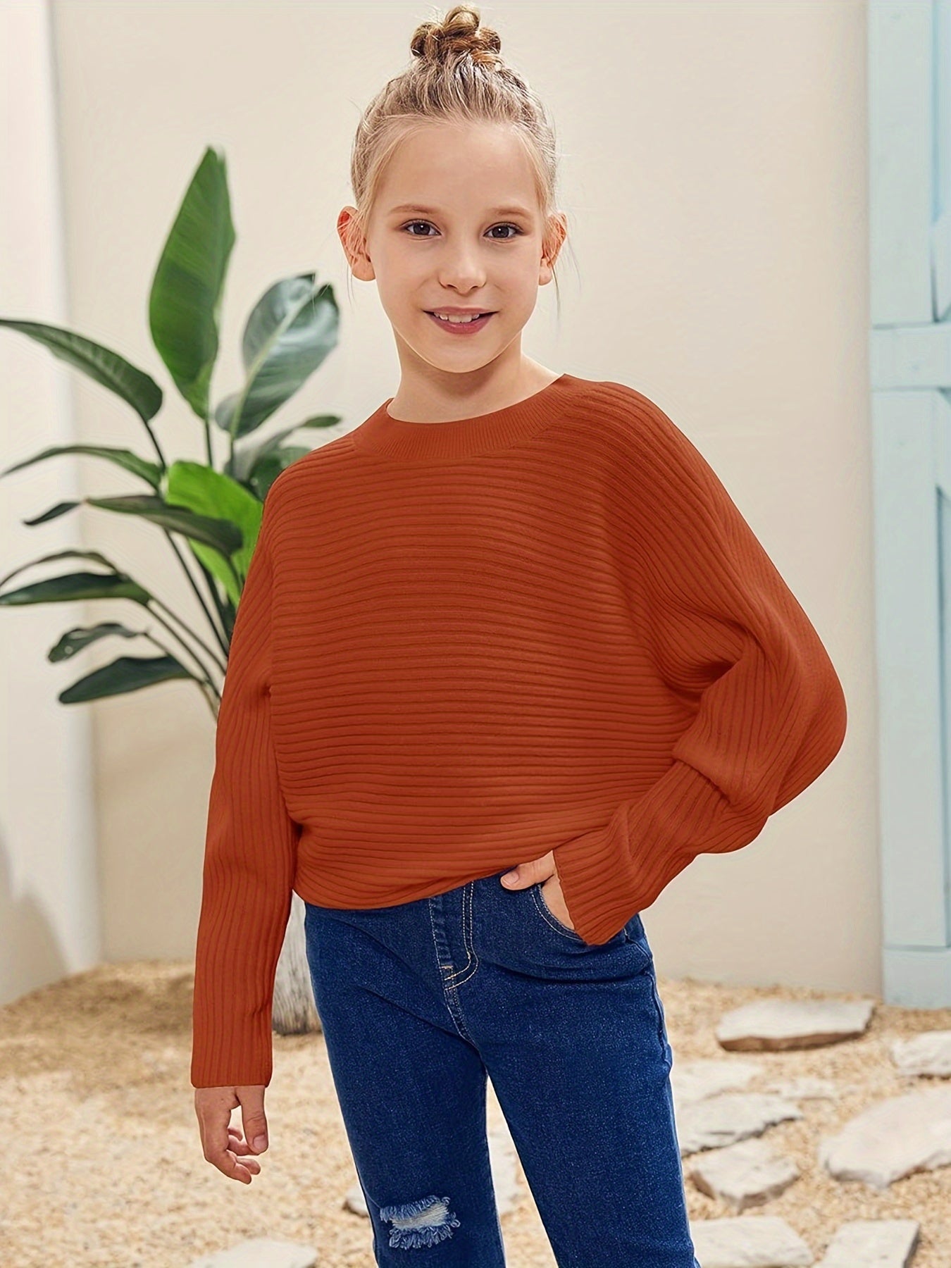 Kids' Cozy Oversized Batwing Crewneck Sweater - Soft, Chunky, Slouchy, Long Sleeve, Fall Fashion Essential for Girls - Cute Pullover Jumper Shirt for Casual Daily Wear