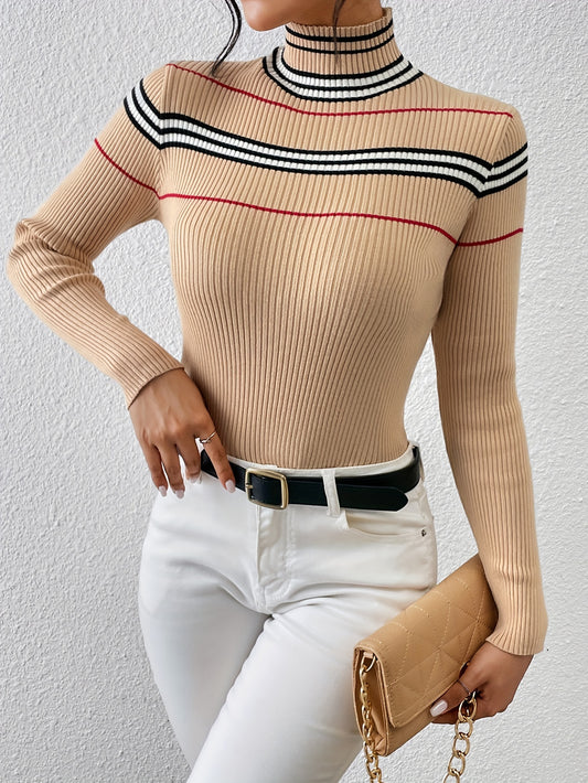 vlovelaw  Striped Turtle Neck Pullover Sweater, Casual Long Sleeve Slim Sweater For Fall & Winter, Women's Clothing