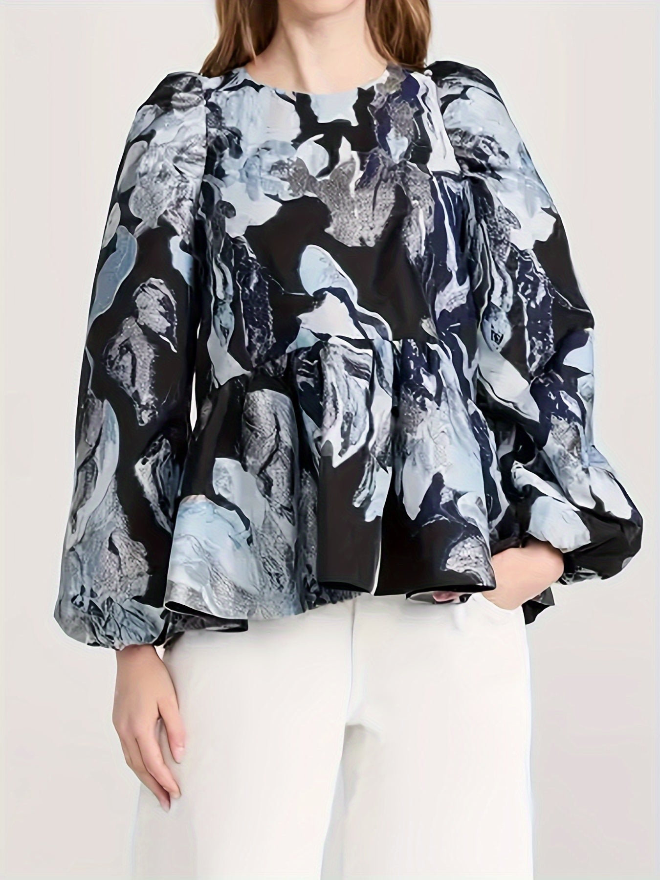 vlovelaw  All Over Print Crew Neck Blouse, Casual Ruffle Hem Long Sleeve Blouse For Spring & Fall, Women's Clothing