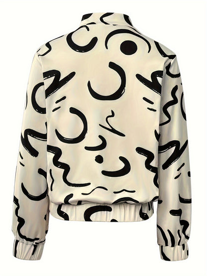 Abstract Print Zip Up Bomber Jacket, Casual Long Sleeve Outerwear, Women's Clothing