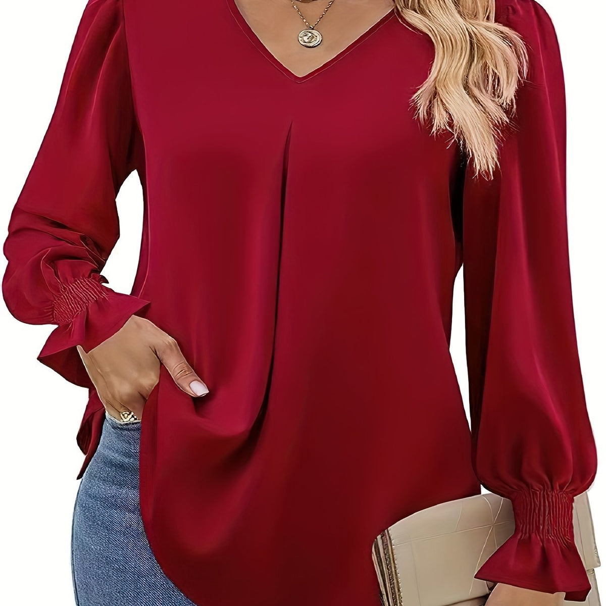 vlovelaw Solid V-neck Simple Blouse, Versatile Lantern Sleeve Blouse For Spring & Fall, Women's Clothing