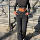 vlovelaw  2Pcs Solid Color Casual Sports Set, Long Sleeves Round Neck Tee & High Waist Pant Sporty Suit, Women's Activewear