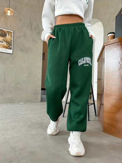 Letter Print Elastic Waist Jogger Sweatpants, Casual Slant Pocket Pants, Women's Clothing