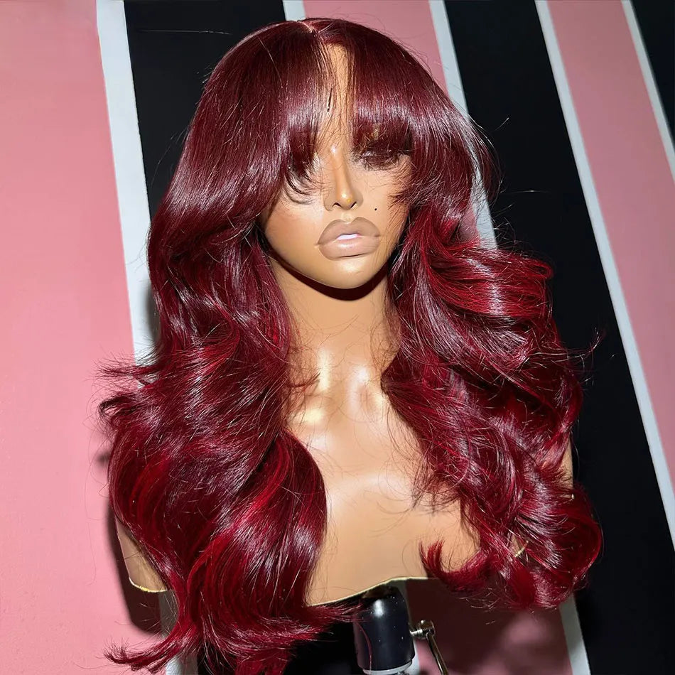 Red Color Body Wave Lace Front Wig Human Hair Wigs With Bangs Glueless Lace Frontal Wig Pre Plucked Cheap Hair Synthetic Wigs On Sale