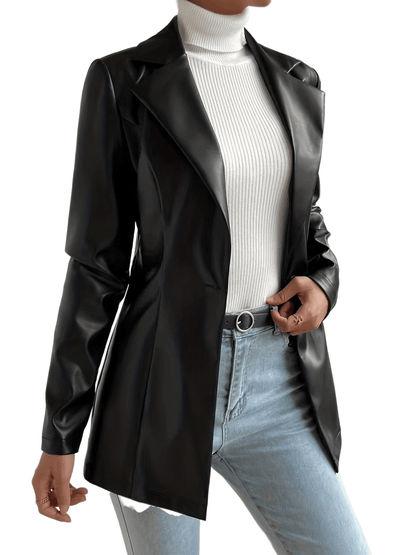 vlovelaw  One Button PU Jacket, Elegant Lapel Open Front Long Sleeve Outerwear, Women's Clothing