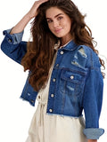 vlovelaw  Ripped Holes Long Sleeves Denim Jacket, Flap Pocket Raw Hem Washed Lapel Denim Coat, Women's Denim Clothing