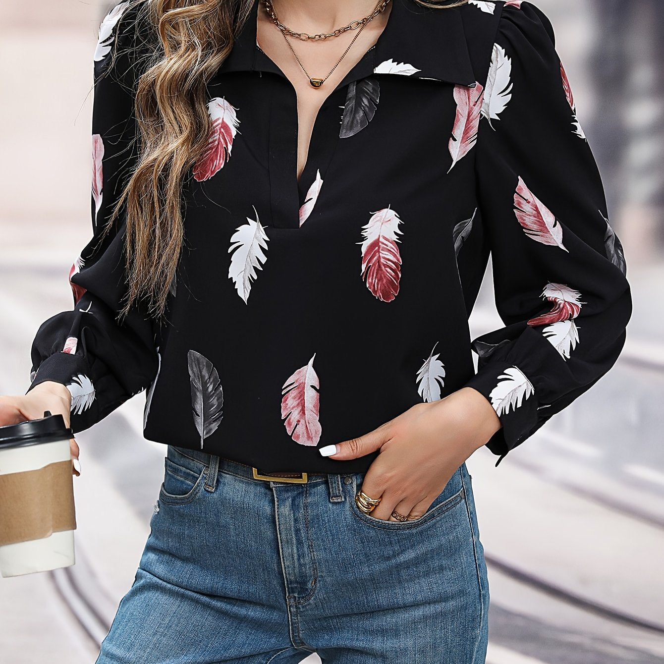 Feather Print Blouse, Elegant V Neck Long Sleeve Blouse, Women's Clothing