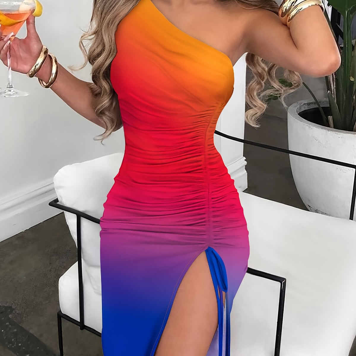 vlovelaw  Gradient Drawstring Dress, Sexy One Shoulder Bodycon Dress, Women's Clothing