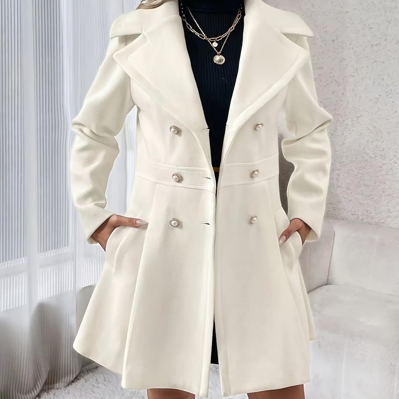 vlovelaw  Double-breasted Flare Coat, Elegant Notched Collar Long Sleeve Blazer For Fall & Winter, Women's Clothing