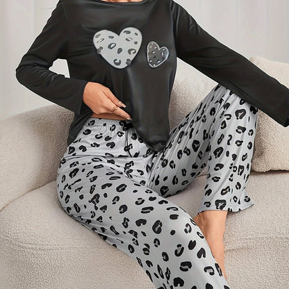 vlovelaw  Leopard Heart Print Pajama Set, Casual Long Sleeve Crew Neck Top & Elastic Waistband Pants, Women's Sleepwear & Loungewear