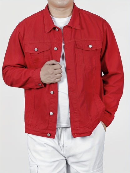 Plus Size Men's Solid Denim Jacket With Pockets Fall Winter, Men's Clothing