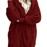 Solid Hooded Fuzzy Coat, Casual Long Sleeve Open Front Coat For Winter & Fall, Women's Clothing
