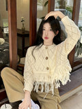 Solid Button Down Knit Cardigan, Elegant Tassel Trim Long Sleeve Crop Sweater, Women's Clothing