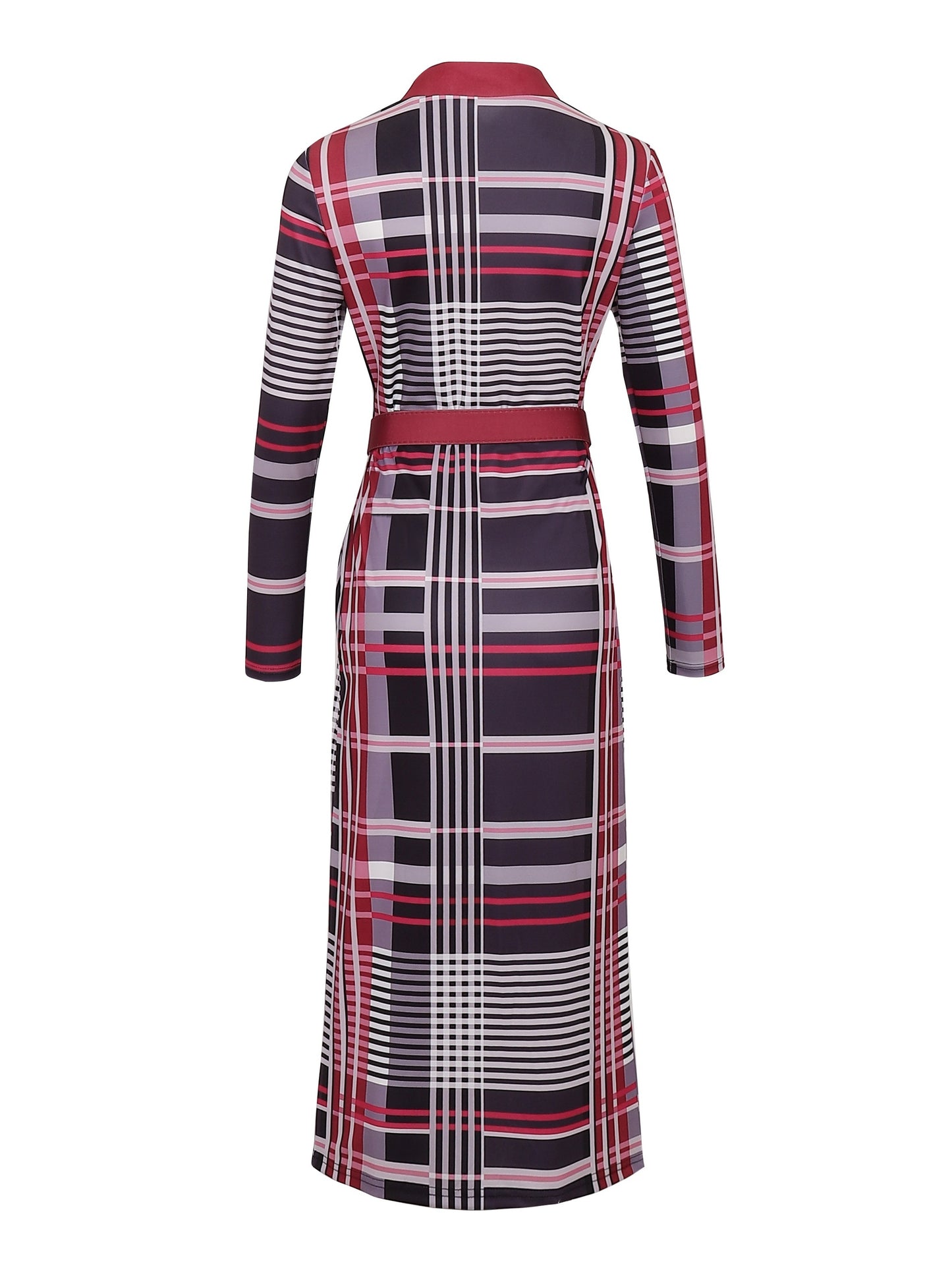 vlovelaw  Bodycon Plaid V-neck Dress Without Belt, Elegant Long Sleeve Dress For Spring & Fall, Women's Clothing