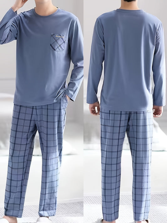 High-end 2 Pcs Men's Classic Letter Plaid Print Pocket Long Sleeve & Plaid Long Pants Pajama Set, Comfortable & Skin-friendly Pajamas For Men's Cozy Loungewear