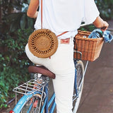 Bohemian Chic Rattan Woven Crossbody Bag - Handcrafted Vintage Circle Bag with Braided Detail and Buckle Accent - Perfect for Women