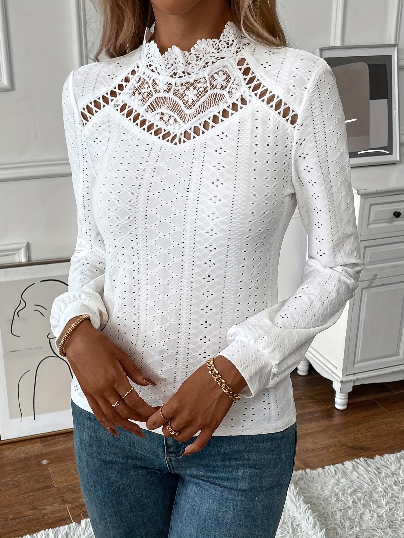 vlovelaw  Eyelet Contrast Lace T-shirt, Elegant Keyhole Long Sleeve Solid T-shirt, Women's Clothing