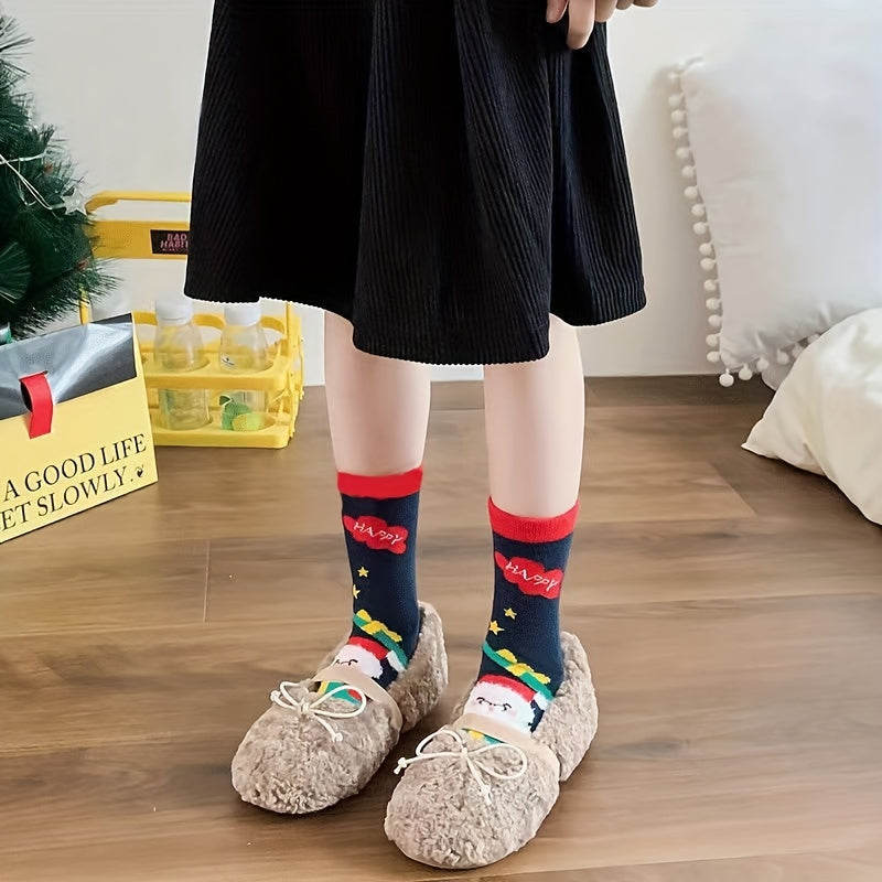 3pairs Baby Girls Kids Christmas Socks, Cartoon Santa Claus Christmas Tree Elk Snowman Cute Socks, Warm Socks For Autumn Winter, Toddlers Children's Socks