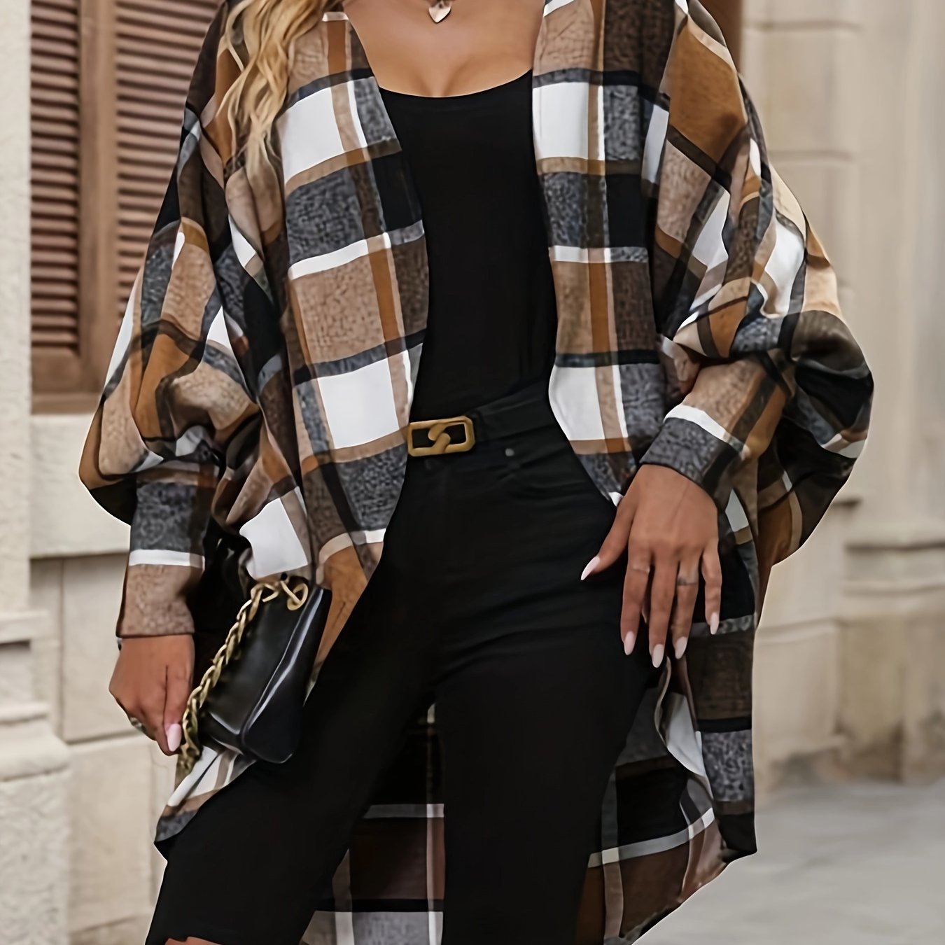 Plaid Print Open Front Cardigan, Batwing Cuff Sleeve Dipped Hem Cardigan For Spring & Fall, Women's Clothing