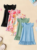 5pcs Girls Charming Ruffle Sleeve Dress Set - Versatile Plain Colors for Everyday Casual Wear, Ideal Summer Style & Gift