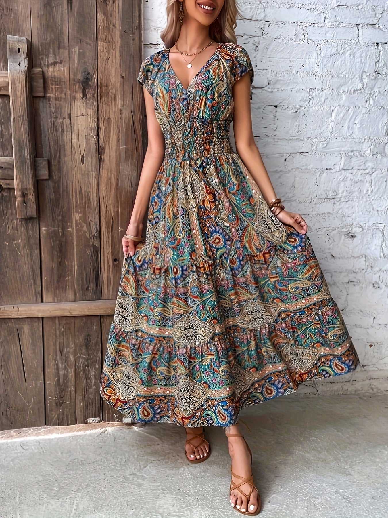 vlovelaw  Paisley Print V Neck Dress, Elegant Short Sleeve Dress For Spring & Summer, Women's Clothing