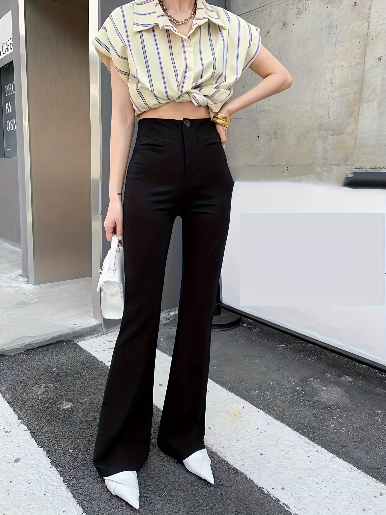 vlovelaw  Solid Slim Flared Leg Pants, Casual High Waist Fashion Pants For Fall & Winter, Women's Clothing