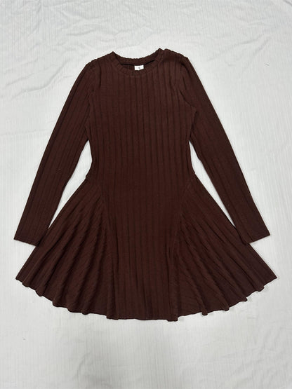 Rib Knit Long Sleeve Flare Dress, Casual Crew Neck Dress For Spring & Summer, Women's Clothing