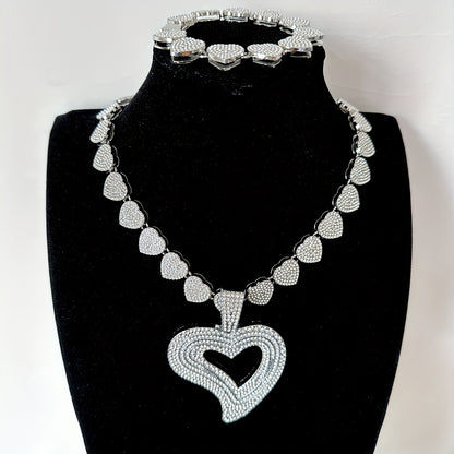 Necklace + Bracelet Fashionable Jewelry Set Chunky Heart Design Paved Full Of Shining Rhinestone Match Daily Outfits Party Accessories