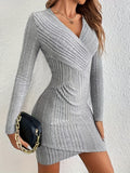 vlovelaw Solid Color Bag Hip Dress, Elegant Ribbed Surplice Neck Long Sleeve Knitting Dress For Spring & Fall, Women's Clothing