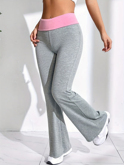 Color Block Flare Leg Pants, Casual Stretchy Slim Pants, Women's Clothing