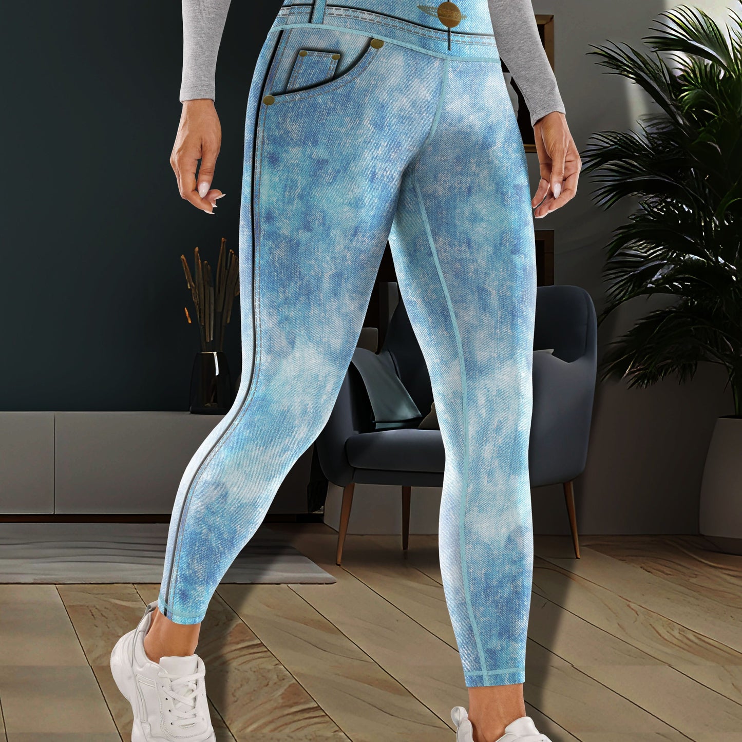 vlovelaw  Simulation Jeans Faux Denim Print Yoga Leggings, High Waist Butt Lifting Tummy Control Sports Tight Pants, Women's Activewear