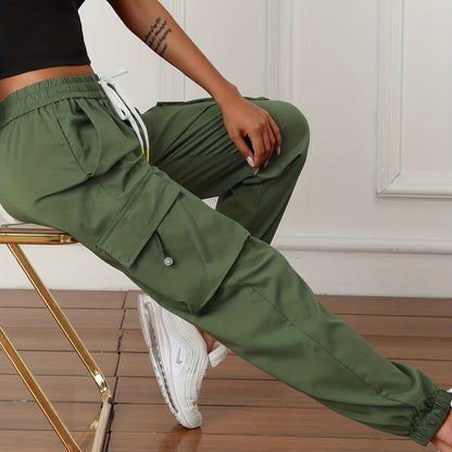 vlovelaw  Y2K Solid Drawstring Cargo Pants, Casual Side Pockets Baggy Cargo Pants, Women's Clothing