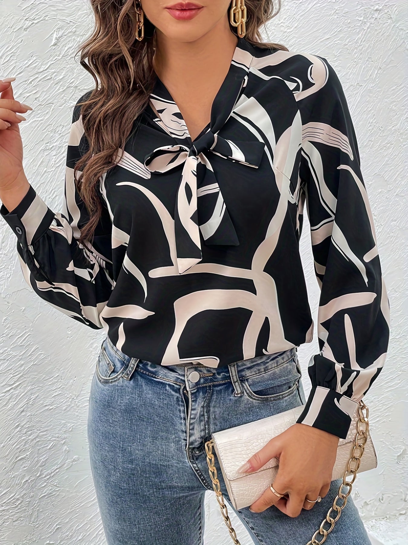 Abstract Print Blouse , Elegant Button Up Lapel Shirt , Women's Clothings